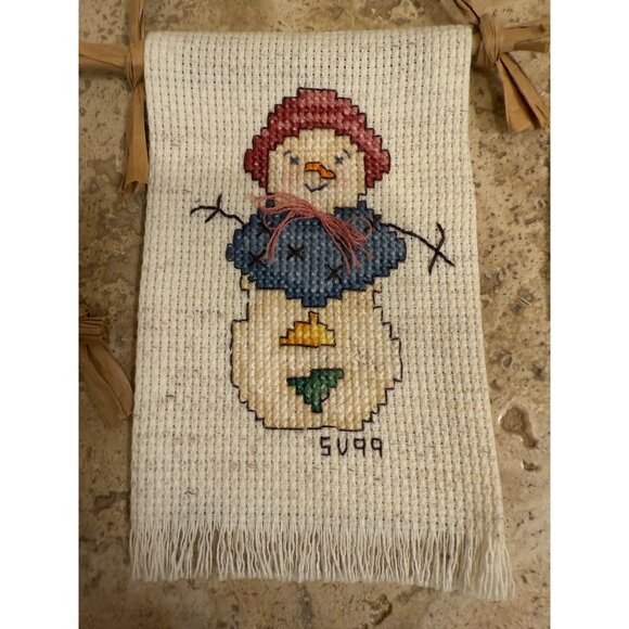 Handmade Cross-Stitch Snowman Wall Hangings Set Of 3 With Rustic Twine Hangers - Picture 3 of 7